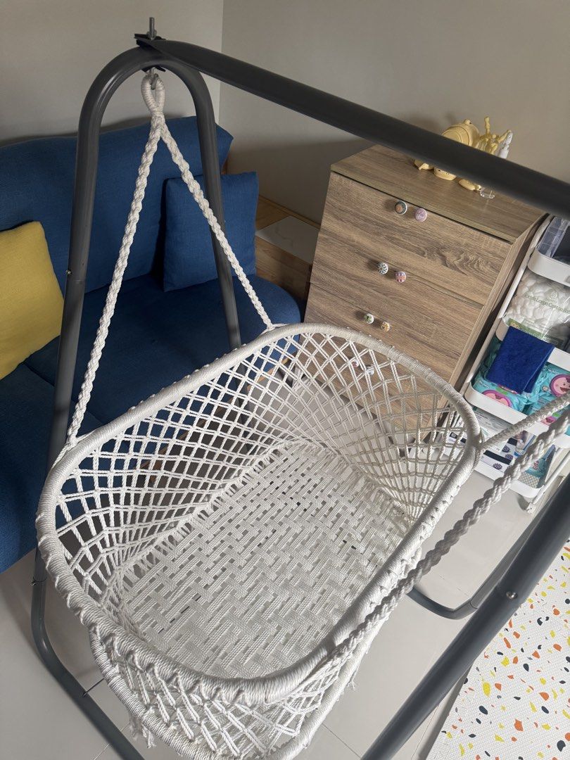 Duyan (Category: Children's Beds) located in Quezon City. Submitted by she.rhi_v (Listing ID 1459337443, Image 3). Description: -Sturdy grey metal stand included - Ideal for indoor or outdoor relaxation - Intricate and stylish woven design - Easy to set up and safe RFS: big boy na po si baby.