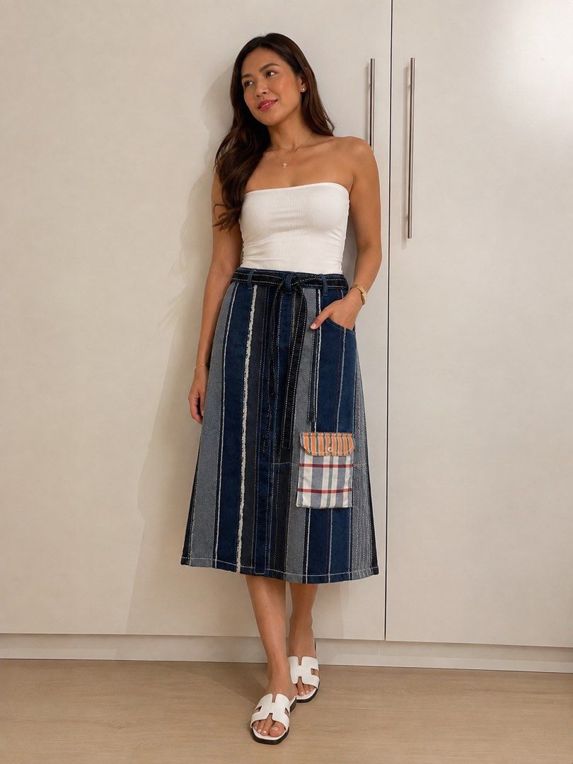 Edited Limited Patchwork Denim Midi Skirt with Belt (Category: Skirts) located in Manila. Submitted by fctuy (Listing ID 1459398653, Image 1). Description: - Local Designer - Bought in Arte Fino - Can fit size Small - Medium 26.5in Length.
