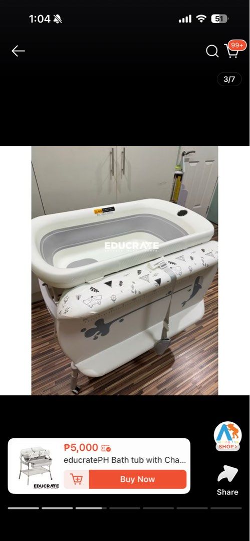 educratePH Foldable Baby Bath Tub with Stand (Category: Bathtub & Bath Accessories) located in Antipolo. Submitted by ilovejesus7 (Listing ID 1459329936, Image 1). Description: - Foldable baby bath tub from educratePH - Includes a convenient stand for easier bathing - Comes with a soft grey insert - Adorable animal prints on the side - Built-in ruler to track baby's growth - Space-saving and easy to store when not in use My baby doesnt want it🥲.