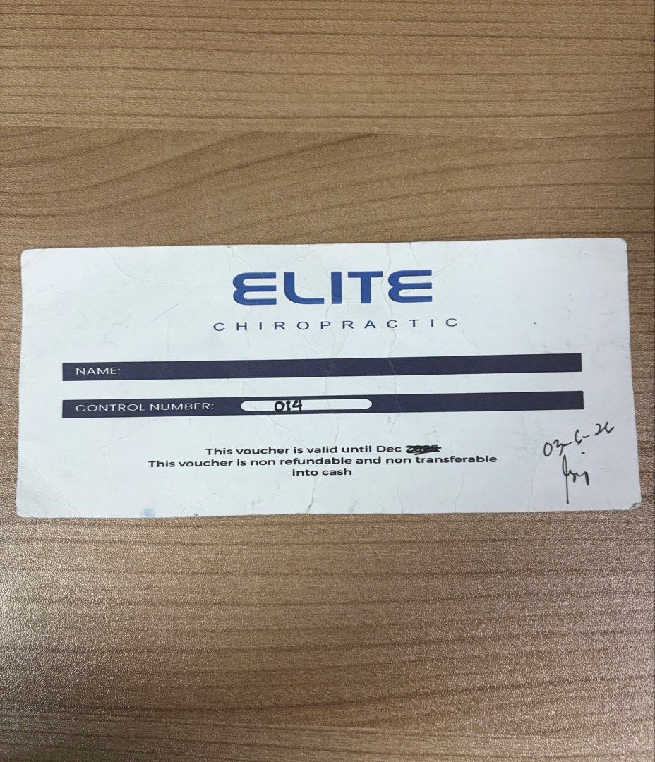 Elite Chiropractic Voucher - Valid until Dec 2025 (Category: Vouchers) located in Las Pinas. Submitted by soignejewelryph (Listing ID 1459367297, Image 1). Description: - Elite Chiropractic Voucher - Control Number: 014 - Non-refundable - Cannot be transferred to cash - Date Issued: 03-06-24 - 5k Worth .