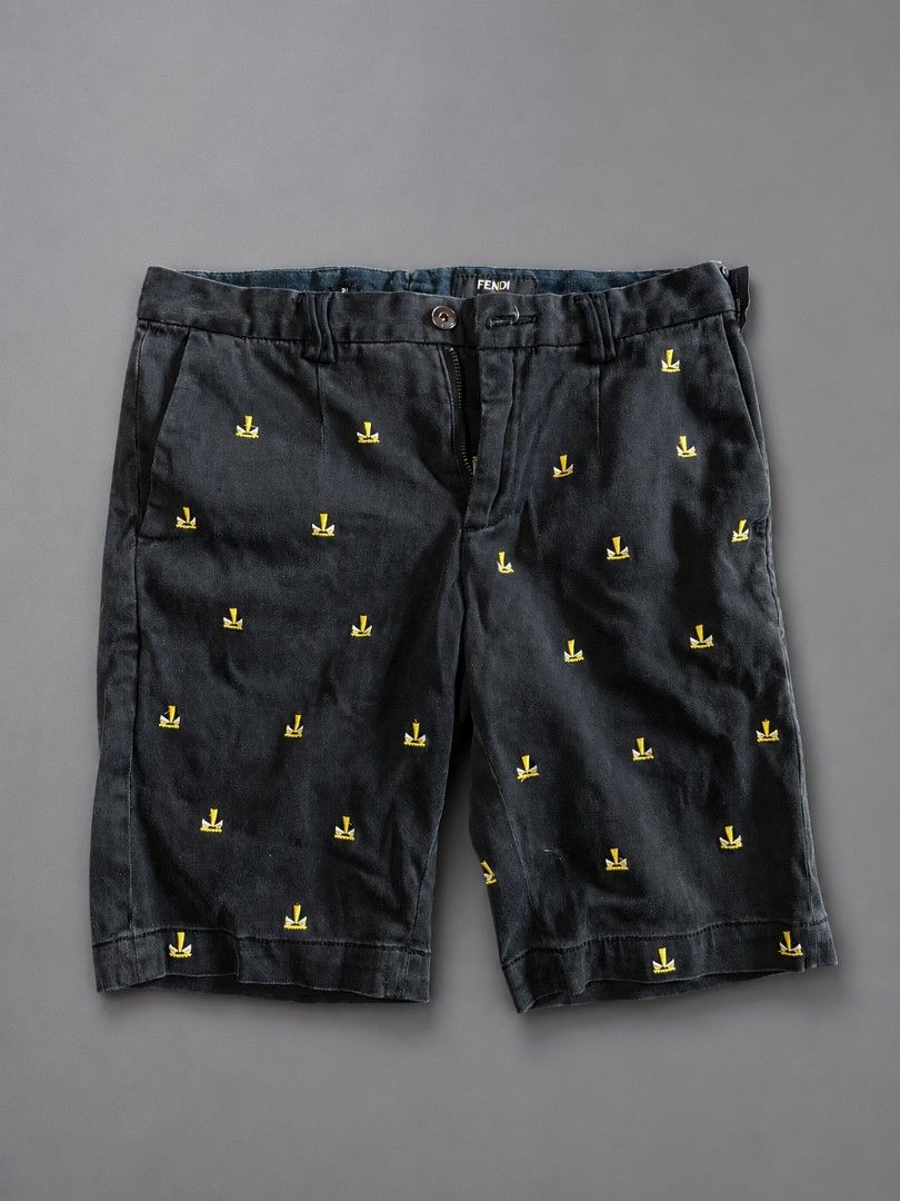 Fendi Black Embroidered Logo Shorts (Category: Shorts) located in Panabo. Submitted by thriftndash (Listing ID 1459312121, Image 1). Description: - Authentic Fendi shorts in classic black. - Features a distinctive all-over yellow embroidered Fendi logo pattern. - Secure button and zip closure at the front. - Two functional pockets at the back. - Expertly crafted in Italy. - Ideal for adding a touch of luxury to your casual outfits..