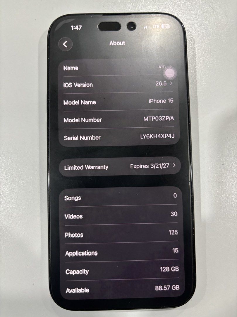FS or SWAP IPHONE 15 128GB (Black) (Category: iPhone 15 Series) located in Bacoor. Submitted by amsalud.c (Listing ID 1459388259, Image 2). Description: FOR SALE Iphone 15 (128GB) Black Under Warranty until March 2027 95% battery health w/ Box and Paper bags w/ original cord Issues: Minimal Camera Paint chips (issues ng black iphone) rfs: upgrade sa 17 base.