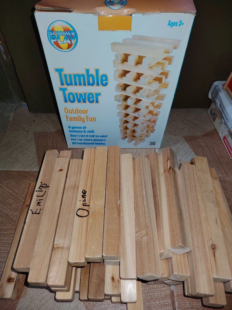 Giant Wooden Tumble Tower Preloved (Category: Board Games & Puzzles) located in Santiago. Submitted by aceheart0118672 (Listing ID 1459294479, Image 1). Description: - Giant Wooden Tumble Tower game - Preloved condition, ready for play - Includes all 52 hardwood blocks - Promotes balance and skill - Suitable for ages 3 and up - Great for outdoor and family fun have signs of usage .