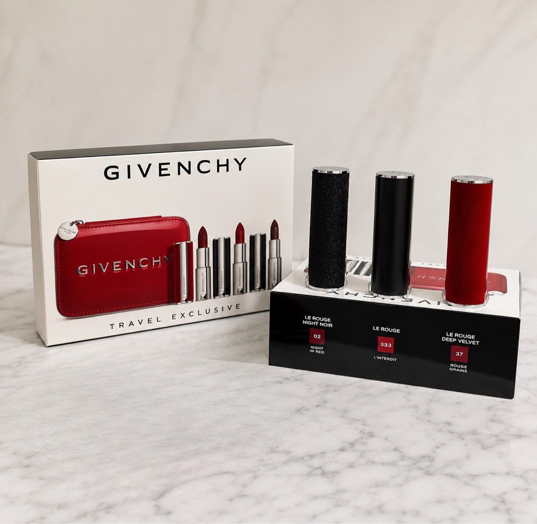 Givenchy Le Rouge Lipstick gift set (Category: Makeup) located in Muntinlupa City. Submitted by closet.confessions (Listing ID 1459362204, Image 2). Description: Brand new, Sealed. Perfect for gifting! 🎁 A limited-edition set featuring 3 FULL SIZE lippies of: Le Rouge Lipstick in #333 L’Interdit, #37 Rouge Grainé and #02 Night in Red. Srp of 8k!!! Hard to find, always SOLD OUT! The perfect pout, the Givenchy way..