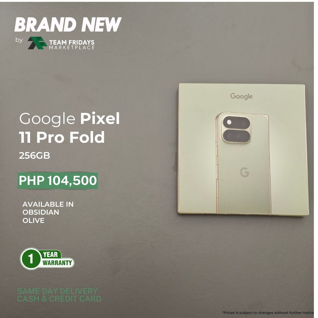 Google Pixel 11 Pro Fold (256GB) (Category: Google Pixel) located in Quezon City. Submitted by teamfridaysmarketplace (Listing ID 1459317973, Image 1). Description: Google Pixel 11 Pro Fold (256GB) Openline SALE Price: Php104500 The unit is in excellent condition Warranty: 7 Days Money Back Guaranteed 1 year Google Assistance Warranty Package: complete standard package Description - 256GB - SG Variant - Guaranteed No defects and NOT Refurbish!!! 