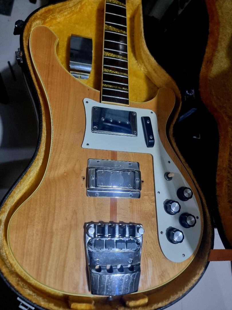 Greco rb1000 bass with Hard Case (Category: Musical Instruments) located in Binan City. Submitted by jamrock.music (Listing ID 1459442029, Image 3). Description: - Vintage Greco rickenbacker bass - Natural wood finish - Unique fret inlays - Comes with a hard case - Yellow velvet lining inside the case - Ideal for collectors and musicians.