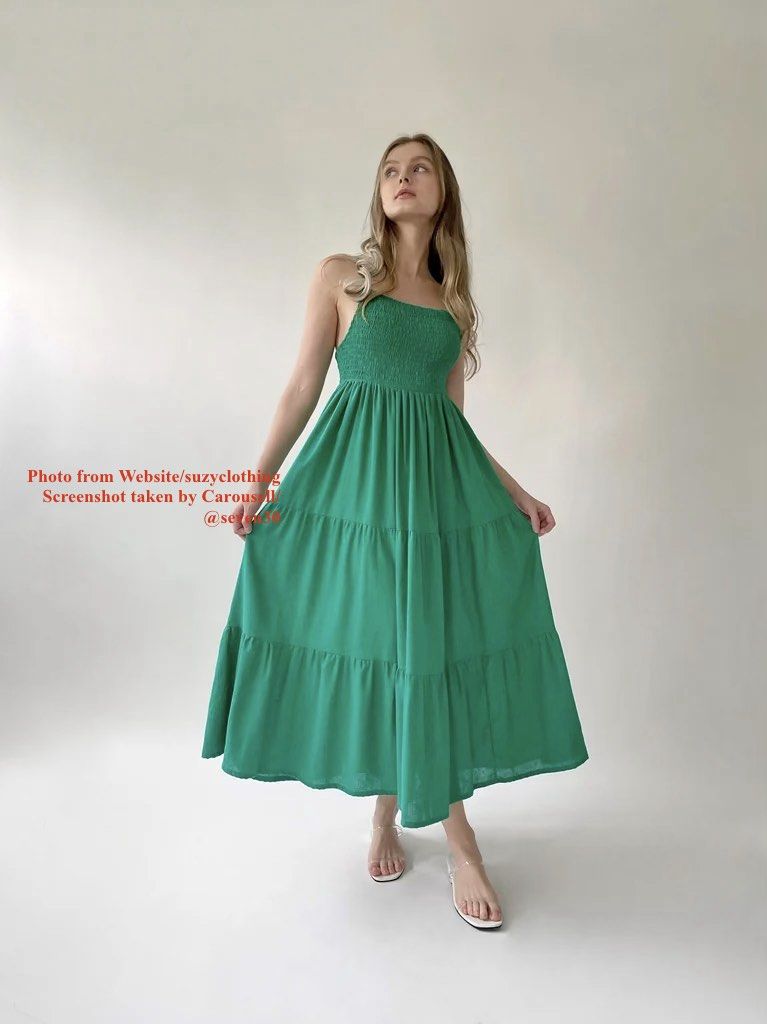 Green Linen Dress (XS-S) (Category: Dresses) located in Cebu City. Submitted by seven30 (Listing ID 1459408024, Image 3). Description: Green Linen Dress (XS-S) • Brand: Suzy Clothing • Design: Smocked bodice, tiered maxi skirt • Material: Linen fabric, breathable • Style: Casual, flowy, elegant • Perfect for summer and tropical weather.