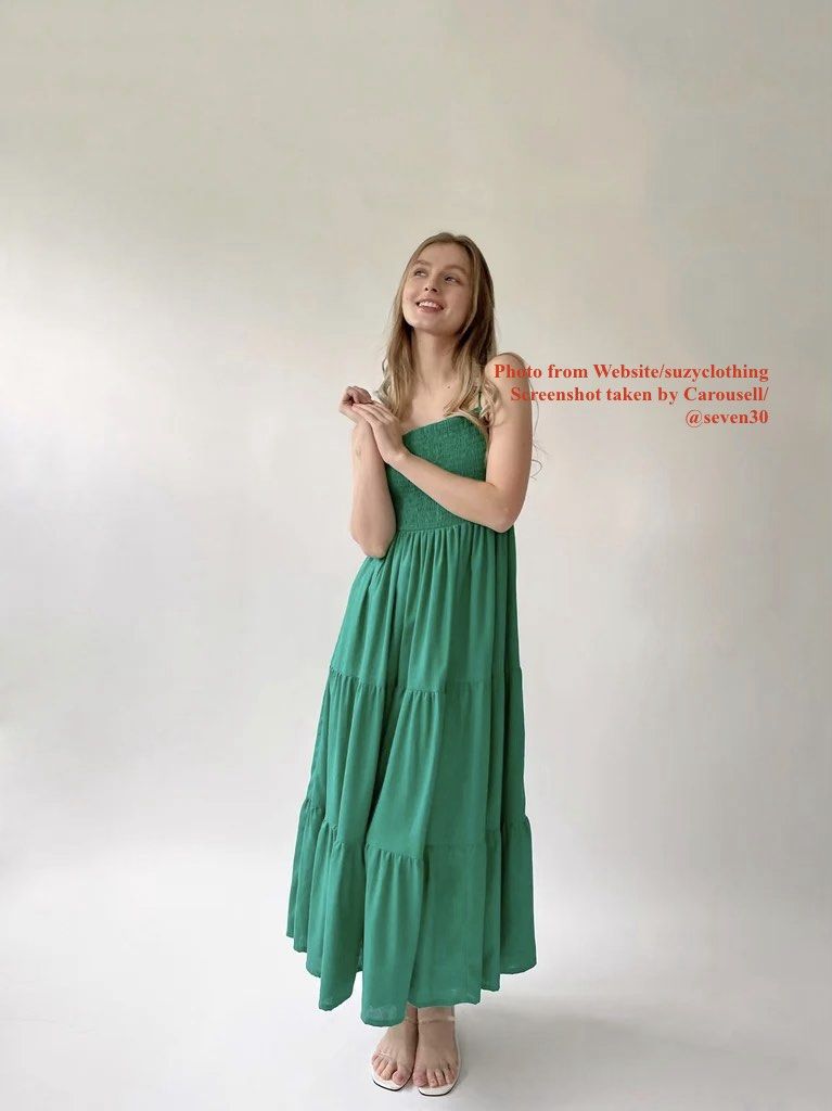 Green Linen Dress (XS-S) (Category: Dresses) located in Cebu City. Submitted by seven30 (Listing ID 1459408024, Image 2). Description: Green Linen Dress (XS-S) • Brand: Suzy Clothing • Design: Smocked bodice, tiered maxi skirt • Material: Linen fabric, breathable • Style: Casual, flowy, elegant • Perfect for summer and tropical weather.