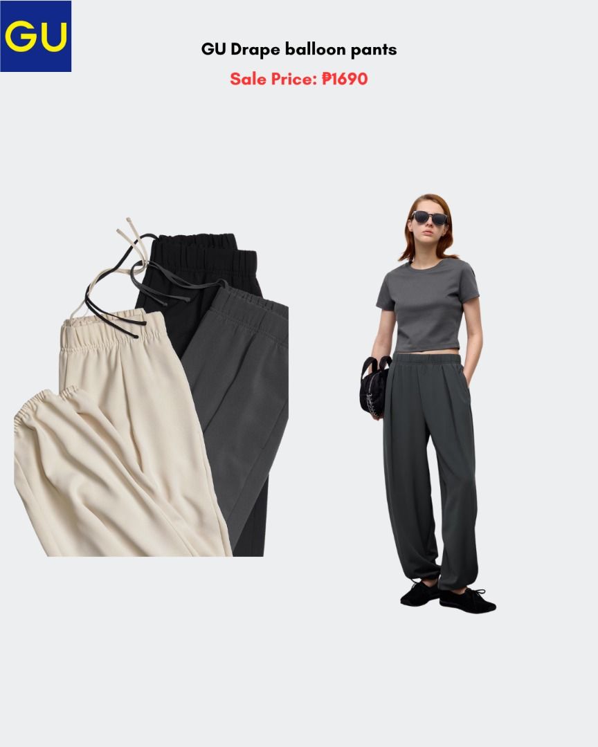 GU Drape Balloon Pants (Category: Other Bottoms) located in Quezon City. Submitted by jiya.tokio (Listing ID 1459304739, Image 1). Description: Pre-order from GU Japan 🇯🇵 GU Drape Balloon Pants ₱ 1690 ‼️ Reminders: ✈️ETA: Oct ❣️50% DP is required to secure your item. (Non-refundable if the item has been purchased already.) 🚫No size exchanges after purchase 📍Tandang Sora, Quezon City 💰MOP: BPI / GCash / Unionbank 🚚: Lalamove/GrabX/J&T/LBC.
