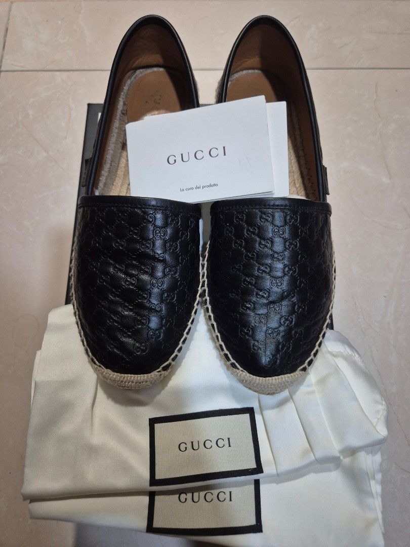 Gucci Black Leather GG Embossed Espadrilles (Category: Flats & Sandals) located in Quezon City. Submitted by dpj--- (Listing ID 1459422336, Image 1). Description: - Authentic Gucci black leather espadrilles - Iconic GG embossed pattern all over - Jute sole detail - Includes dust bags and box - Ideal for casual wear *Slightly negotiable .