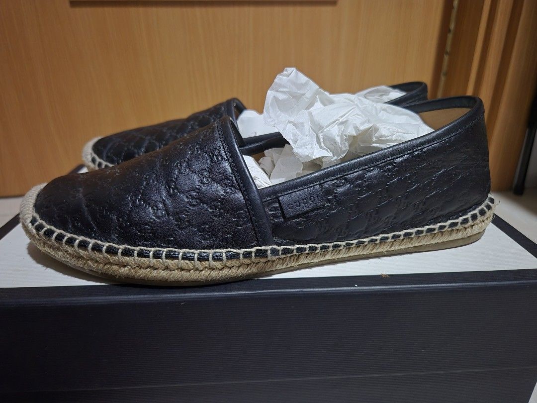 Gucci Black Leather GG Embossed Espadrilles (Category: Flats & Sandals) located in Quezon City. Submitted by dpj--- (Listing ID 1459422336, Image 3). Description: - Authentic Gucci black leather espadrilles - Iconic GG embossed pattern all over - Jute sole detail - Includes dust bags and box - Ideal for casual wear *Slightly negotiable .