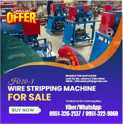 H120-3 Wire Stripping Machine For Sale (Category: Construction Tools & Equipment) located in Caloocan City. Submitted by cleverdog_5a203a (Listing ID 1459384681, Image 1). Description: Stripping diameter : 10-120mm Motor : 3kw(Geared Motor) Number of Holes : 2 (adjustable holes) Number of Blades : 4 Round Blades Dimensions : L760*W470*H1300(mm)/L29.9*W18.5*H51.2(inch) Weight : 223kg Daily Input : 800-2000kg Voltage : 220V/380V (customized) Terms 