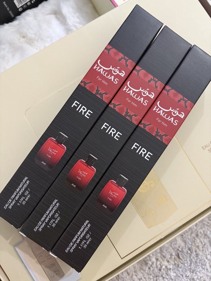 Hawas Fire Eau De Parfum Natural Spray For Him 35ml (Category: Fragrance & Deodorants) located in San Juan City. Submitted by iammarhiz (Listing ID 1459488100, Image 1). Description: - Set of 3 Hawas Fire for Him Eau De Parfum - Each bottle is 35ml (1.17 FL. OZ.) - Natural Spray - Ideal for daily wear and special occasions.