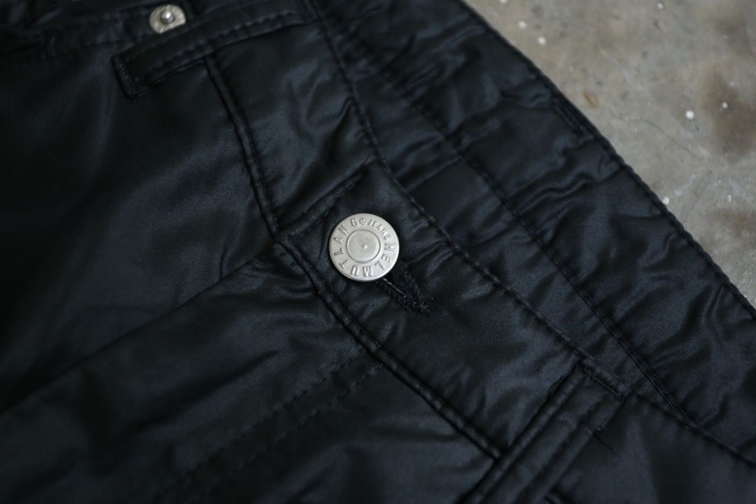Helmut Lang - F/W 97 - Padded Pants (Category: Trousers) located in Manila. Submitted by graymatter_ (Listing ID 1459416328, Image 3). Description: Helmut Lang - F/W 97 - Padded Pants Tagged Size: 28 Condition: 9.5/10 Flaws: Minor Runs at Front Material: 100% Polyester Made in: Italy Dimensions Waist: 29 Inseam: 31 Crotch: 11 Thigh: 11 Leg Opening: 7.25 .