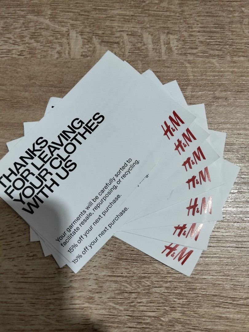 H&M Discount Vouchers - 15% OFF Valid until December (Category: Store Credits) located in Mabalacat. Submitted by raphaelkenneth (Listing ID 1459394923, Image 1). Description: - Score 15% off your next H&M purchase. - Ideal for saving on your next shopping spree. - Vouchers are being sold as they are not needed by the seller. - Supports H&M's program for old clothes (resale, repurposing, recycling)..