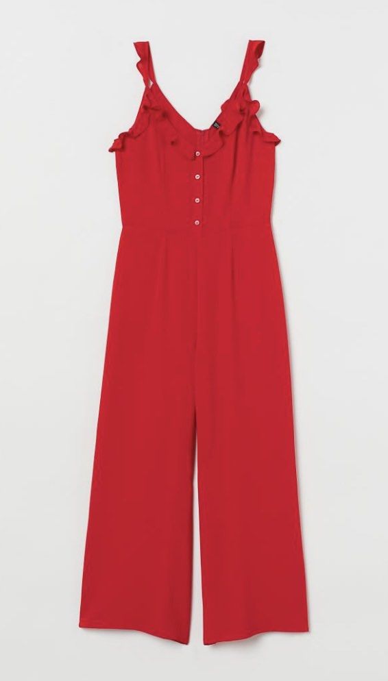 H&M Red Ruffled Strap Jumpsuit (Category: Jumpsuits) located in Binan City. Submitted by myprelovedhaul (Listing ID 1459337093, Image 1). Description: This is a red H&M jumpsuit featuring ruffled straps and decorative buttons down the front..