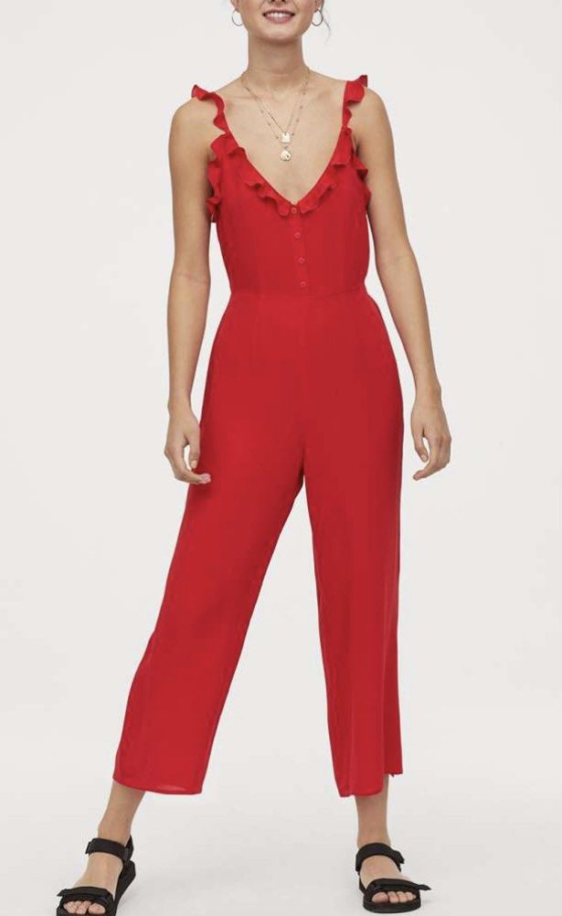H&M Red Ruffled Strap Jumpsuit (Category: Jumpsuits) located in Binan City. Submitted by myprelovedhaul (Listing ID 1459337093, Image 2). Description: This is a red H&M jumpsuit featuring ruffled straps and decorative buttons down the front..
