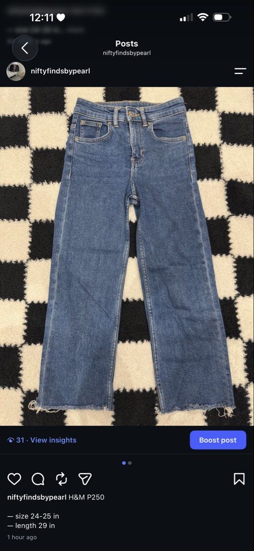 H&M Wide Leg Cropped Jeans (Category: Jeans) located in Taguig. Submitted by nicethingsbypearl (Listing ID 1459322213, Image 1). Description: read the caption sa photo msg me here or sa ig @niftyfindsbypearl.