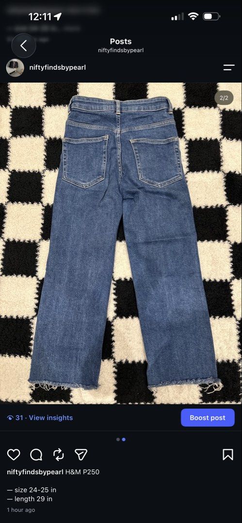 H&M Wide Leg Cropped Jeans (Category: Jeans) located in Taguig. Submitted by nicethingsbypearl (Listing ID 1459322213, Image 2). Description: read the caption sa photo msg me here or sa ig @niftyfindsbypearl.