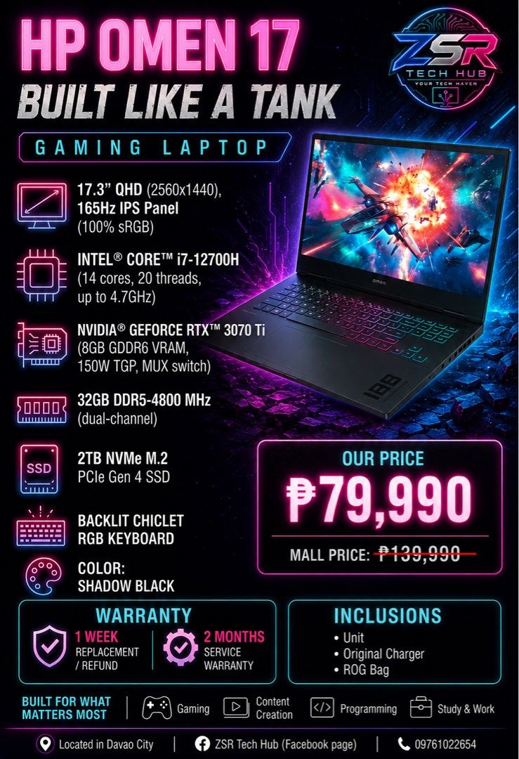 Hp Omen 17 Gaming Laptop (Category: Laptops & Notebooks) located in Davao. Submitted by shinxchan (Listing ID 1459450440, Image 1). Description: PRICE DROP! ON HAND LOADED LAPTOP Good for desktop replacement ✅ Low Cycle Count ✅ Good as new condition ✅ No issues ✅ Inclusions Unit✅ Charger✅ ROG Bag✅ HP OMEN 17 17-ck1xxx Gaming Laptop Specifications: • 17.3-inch QHD, 100% sRGB, 165Hz refresh rate, IPS panel • Intel Core i7-12700H (14 cores, 20 threa