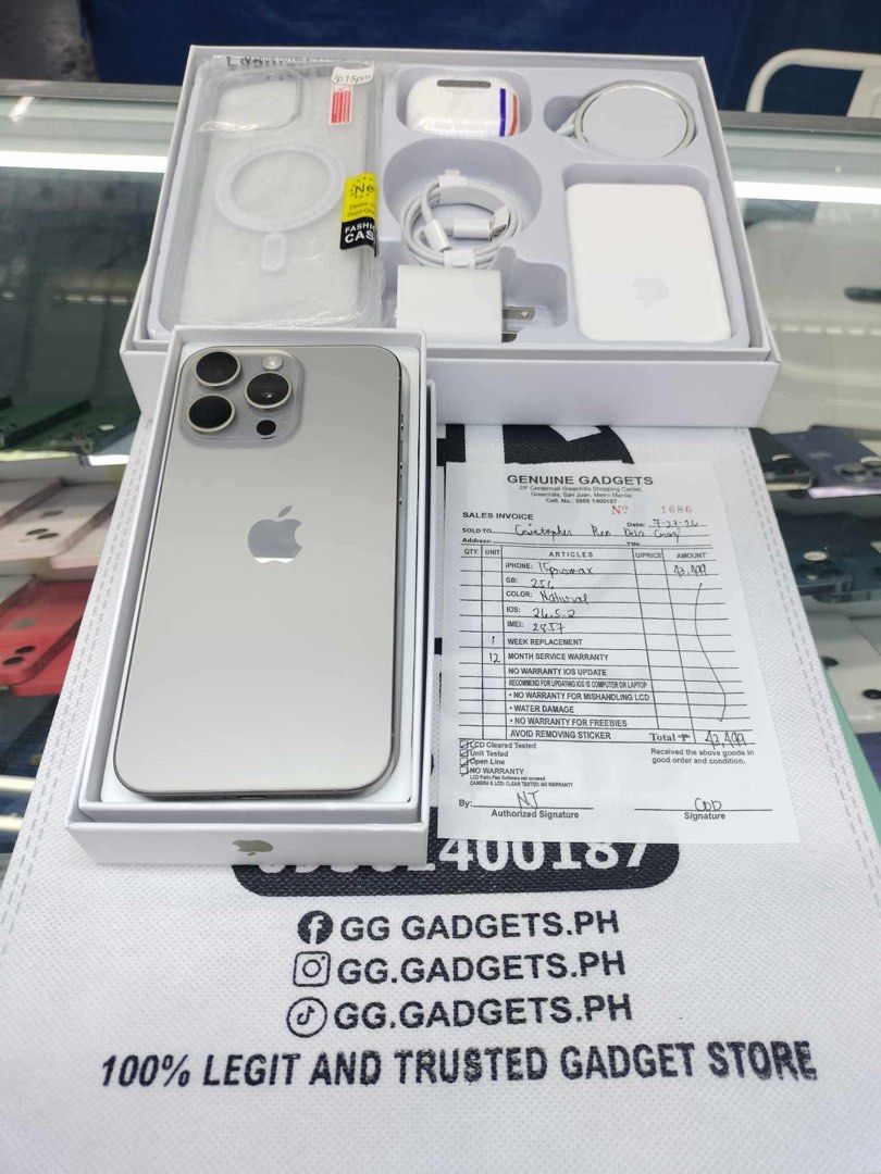 Iphone 15 Pro Max (Category: iPhone 15 Series) located in Caloocan City. Submitted by renrencrdc17425 (Listing ID 1459293475, Image 1). Description: Iphone 15 Pro Max 97 bh Bought this year at an online store Includes unit and charger only Open for swap sa IOS din.