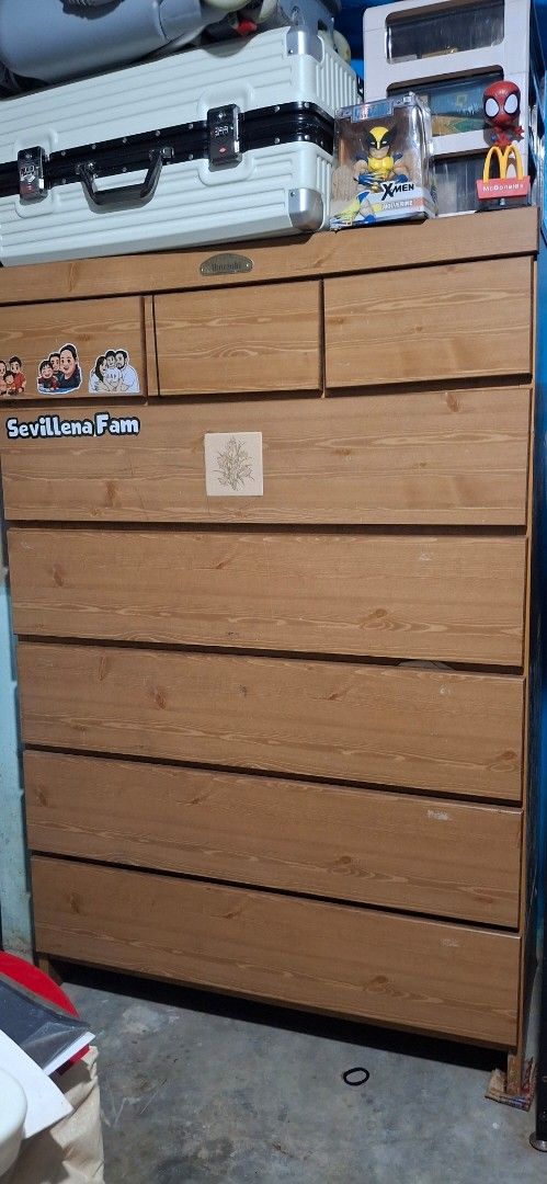 Japan wooden drawer (Category: Shelves, Cabinets & Racks) located in Rizal. Submitted by emskititay (Listing ID 1459372121, Image 1). Description: - Umezaki wooden chest of drawers - Good Design Furniture - Plenty of storage space - Some stickers on the front drawers - Open shelf currently holds items - Ideal for organizing your belongings 53"Hx 90"Lx17"W.