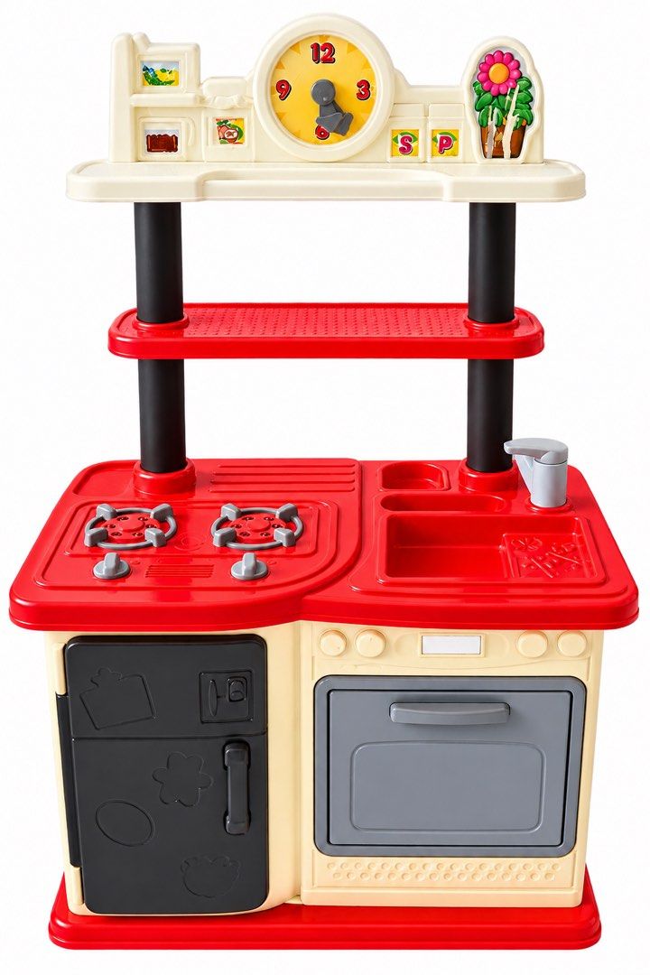 Kids Play Kitchen with Clock and Accessories (Category: Kids Toys) located in Rizal. Submitted by mommyD (Listing ID 1459360007, Image 1). Description: - Fun red and cream play kitchen for kids. - Includes stovetop, sink, and oven. - Features a clock with movable hands. - Great for imaginative and creative play. - Perfect for little chefs. - Easy to assemble and clean..