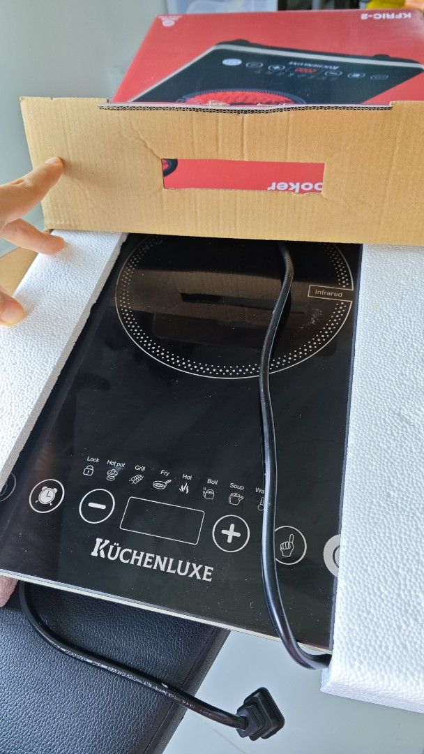 KuchenLuxe Infrared Cooker KFric-2 Touch Control 6 Settings (Category: Cookers) located in Dasmarinas. Submitted by jippeestore (Listing ID 1459295045, Image 3). Description: - KuchenLuxe Infrared Cooker (Model KFric-2) - Polished crystal glass plate - Adjustable temperature control - 6 Cooking Settings: Hot Pot, Grill, Fry, Hot, Boil, Soup, Warm - Child-lock safety feature - High heating efficiency - Sleek and modern design - Compatible with all