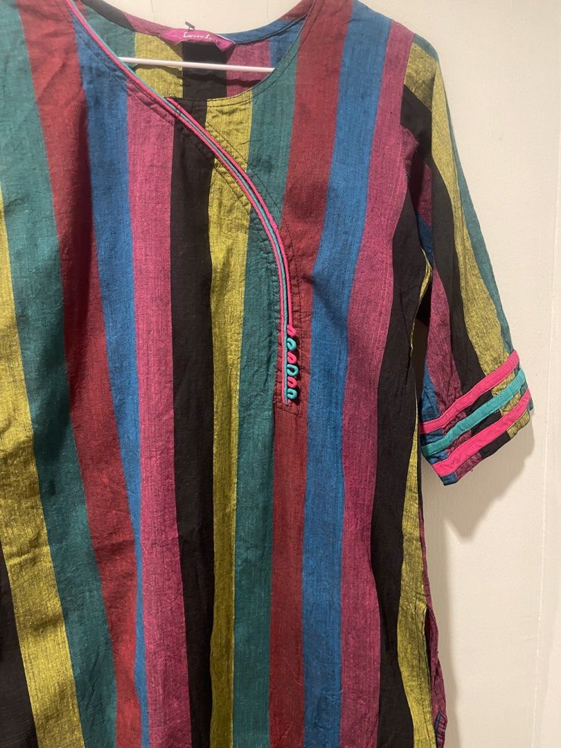 Kurti (Category: Others Tops) located in Quezon City. Submitted by booktt (Listing ID 1459436420, Image 3). Description: - large - multicolor striped straight kurti featuring an asymmetric overlapping neckline with a decorative loop-and-button placket, detailed contrast piping along the edges, and three-quarter sleeves - indian tunic/ india outfit .