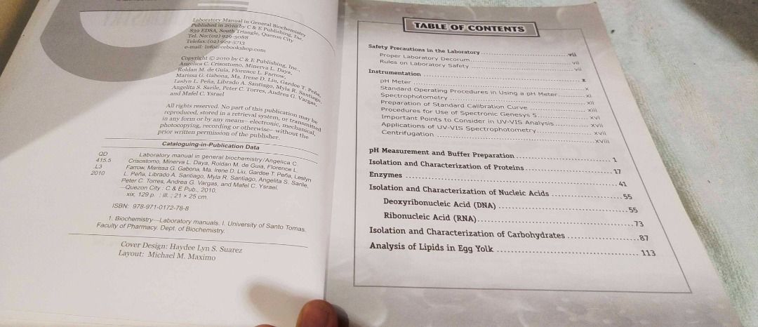 Laboratory Manual in General Biochemistry C&E Publishing (Category: Textbooks) located in Paranaque City. Submitted by leejay.vidal (Listing ID 1459313193, Image 3). Description: Note: Please read first before inquiring Hindi na ako magrereply kung nandito na ang sagot sa details ng ad. Laboratory Manual in General Biochemistry 2010 C&E Publishing Still in good condition. medyo yellowish ang pages pero walang mga punit. may ilang pages sa dulo na