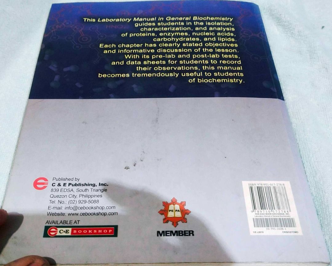 Laboratory Manual in General Biochemistry C&E Publishing (Category: Textbooks) located in Paranaque City. Submitted by leejay.vidal (Listing ID 1459313193, Image 2). Description: Note: Please read first before inquiring Hindi na ako magrereply kung nandito na ang sagot sa details ng ad. Laboratory Manual in General Biochemistry 2010 C&E Publishing Still in good condition. medyo yellowish ang pages pero walang mga punit. may ilang pages sa dulo na
