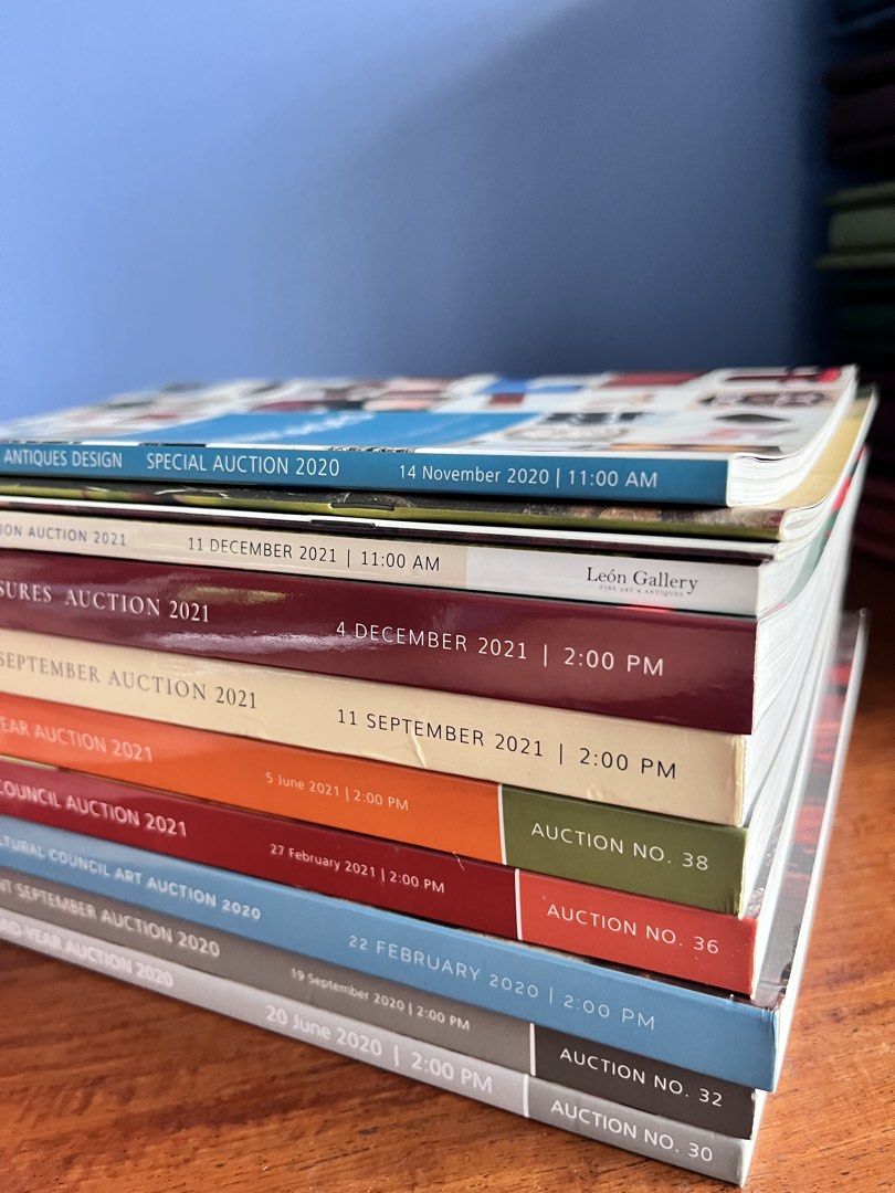 León Gallery Fine Art Auction Catalogs (2020–2021 Bundle) (Category: Magazines) located in Mandaluyong City. Submitted by goodfair (Listing ID 1459430314, Image 2). Description: Official León Gallery Fine Art & Antiques auction catalogs from 2020 to 2021. Great reference for Philippine visual art, price benchmarks, art history research, and coffee table display. Included Titles (9 Books): 1. Vintages: Fashion, Art, Watches, Furniture & Antiques 2