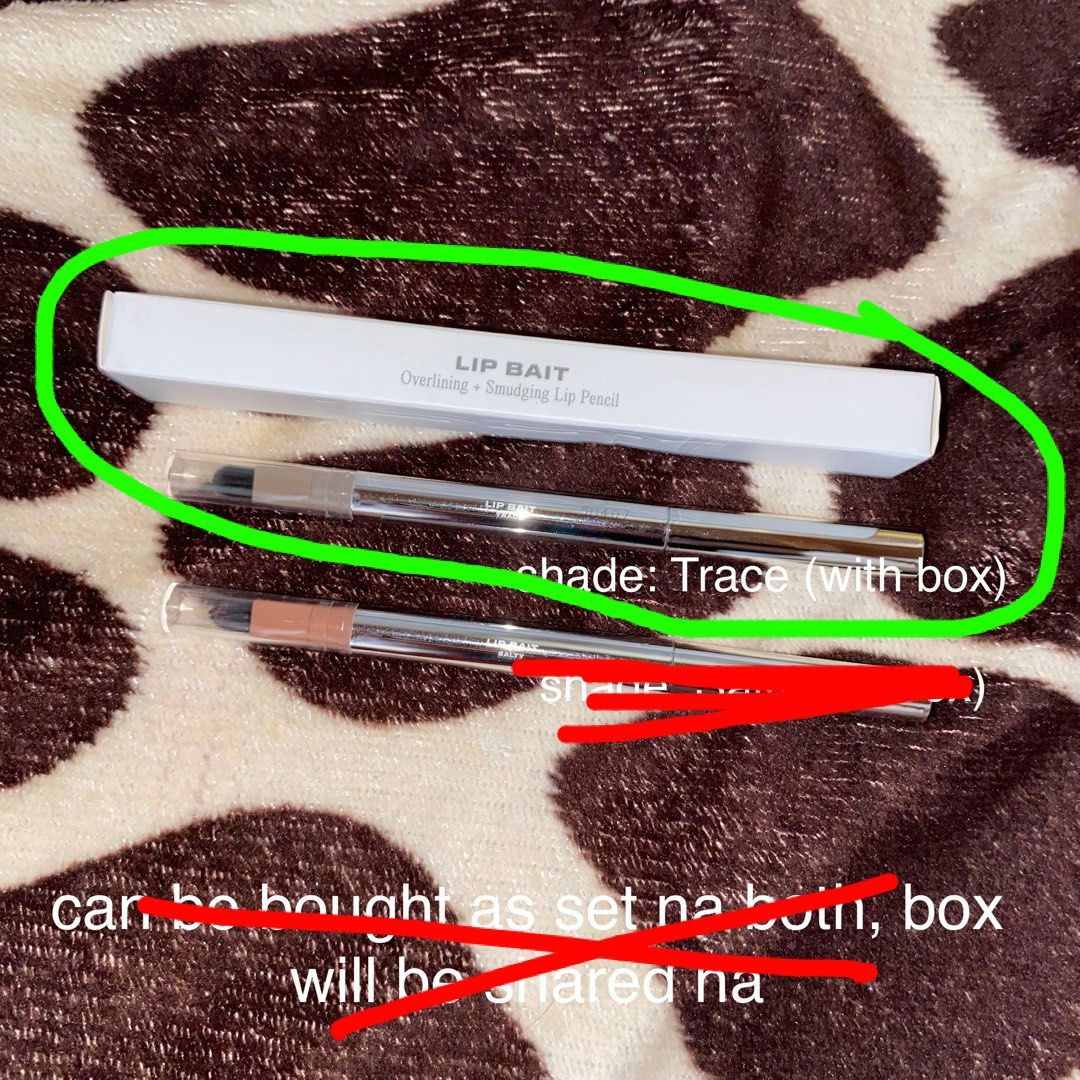 Lip Bait Lip Pencil - Trace (Category: Makeup) located in Baguio. Submitted by from.deana (Listing ID 1442196432, Image 1). Description: - Two Lip Bait Overlining Smudging Lip Pencils - Shade: Trace (includes original box) - Shade: Salty (no box) - Condition: mas gamit si Salty kesa Trace - Option to buy as a set - Box included if purchased as a set.