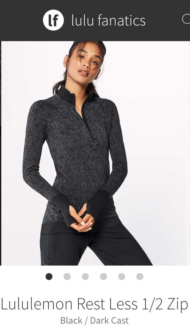 Lululemon Rest Less 1/2 Zip Black / Dark Cast (Category: Activewear) located in Santa Rosa. Submitted by RRRR0520 (Listing ID 1459344933, Image 2). Description: - Lululemon Rest Less 1/2 Zip top - Color: Black and dark cast heathered pattern - Features thumbholes at the cuffs - Quarter zip neckline - Versatile for workouts or casual wear CUT TAG KERE SMALL TO MEDIUM .