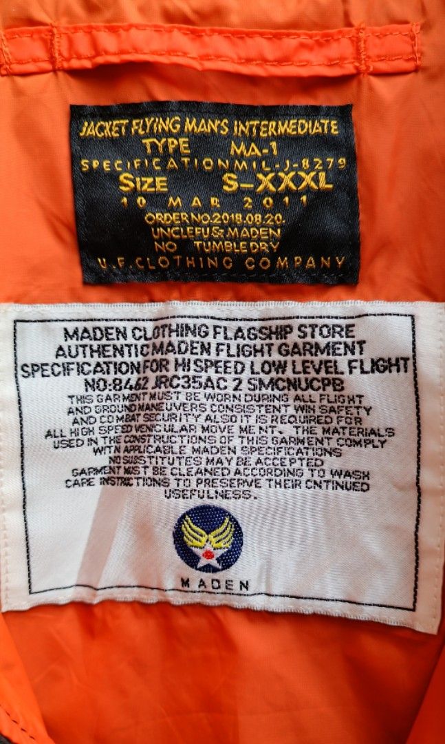 MADEN MA-1 FLIGHT JACKET (Category: Coats, Jackets and Outerwear) located in Davao. Submitted by st333tcartel (Listing ID 1459323651, Image 2). Description: Large Length 26.5 Width 24.5 Issue:Broken lock at pocket slight stain at the back..
