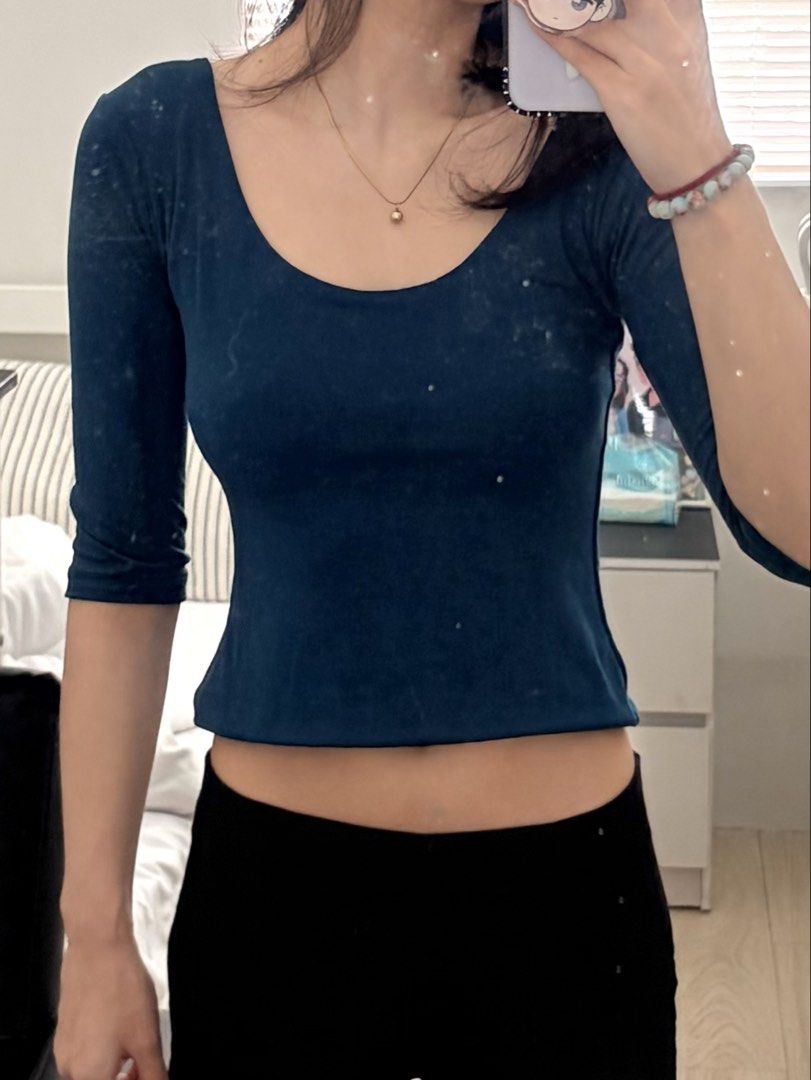 Mafie Blue Cropped 3/4 Sleeve Top (Category: Blouses) located in Paranaque City. Submitted by naaaash (Listing ID 1459387781, Image 2). Description: never used tried on only xs-s size - Cute blue cropped top - Features 3/4 sleeves - Scoop neckline - Snug, fitted style - Versatile for layering or wearing alone - Ideal with high-waisted bottoms.