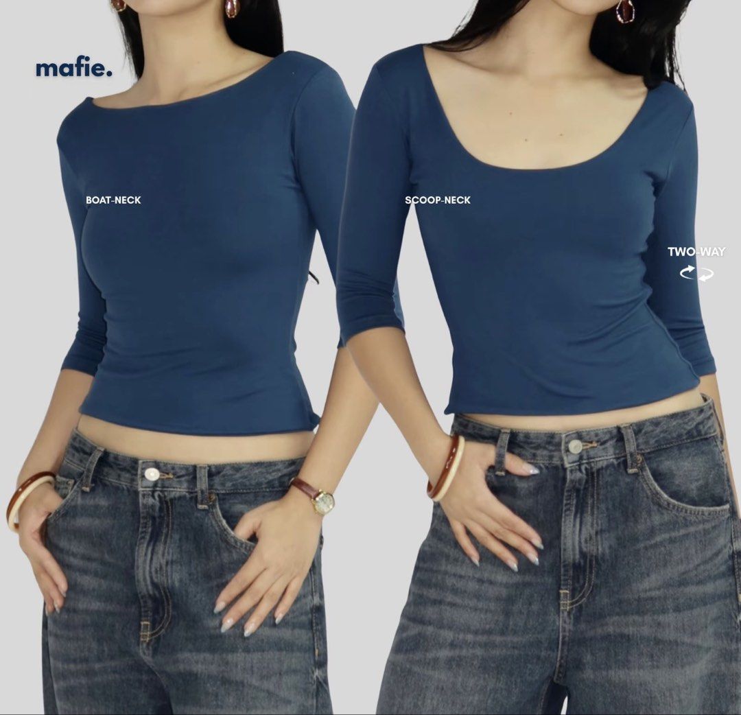Mafie Blue Cropped 3/4 Sleeve Top (Category: Blouses) located in Paranaque City. Submitted by naaaash (Listing ID 1459387781, Image 1). Description: never used tried on only xs-s size - Cute blue cropped top - Features 3/4 sleeves - Scoop neckline - Snug, fitted style - Versatile for layering or wearing alone - Ideal with high-waisted bottoms.