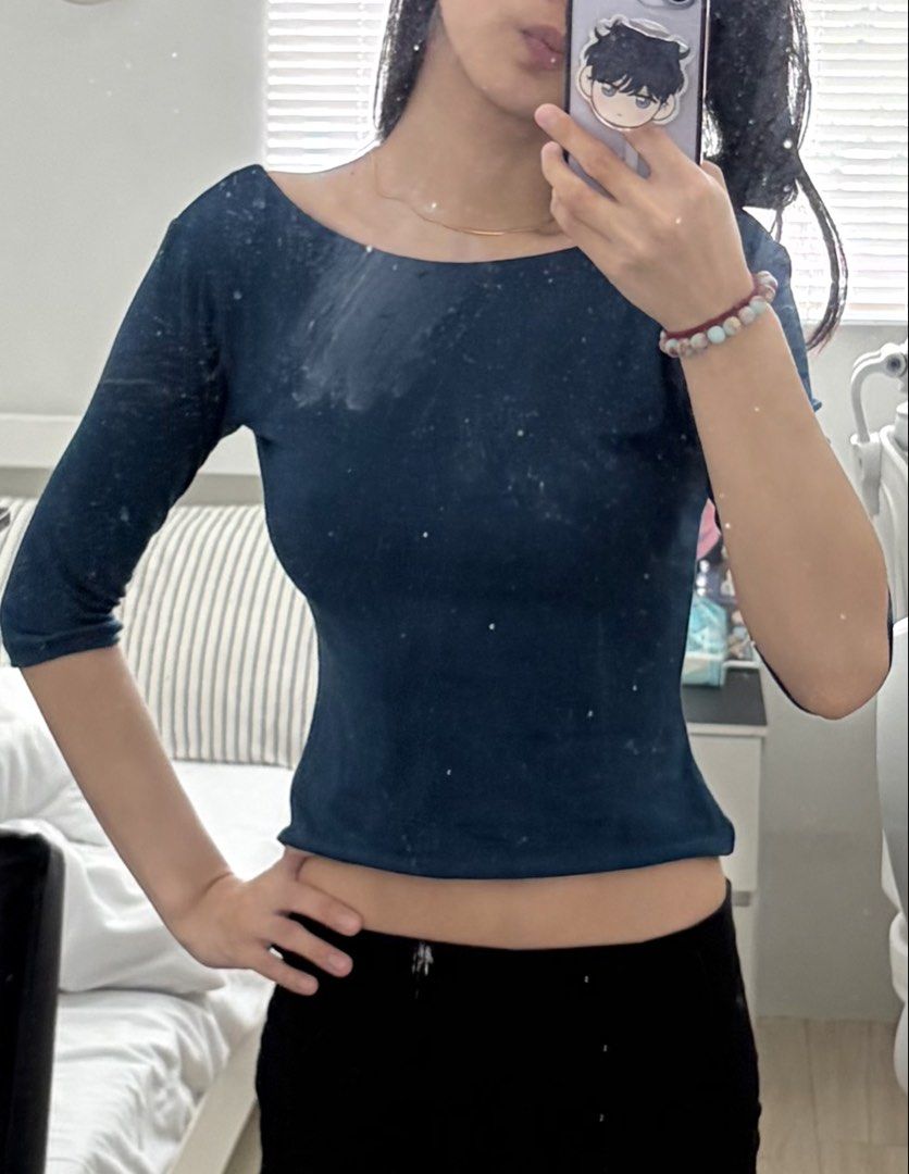 Mafie Blue Cropped 3/4 Sleeve Top (Category: Blouses) located in Paranaque City. Submitted by naaaash (Listing ID 1459387781, Image 3). Description: never used tried on only xs-s size - Cute blue cropped top - Features 3/4 sleeves - Scoop neckline - Snug, fitted style - Versatile for layering or wearing alone - Ideal with high-waisted bottoms.