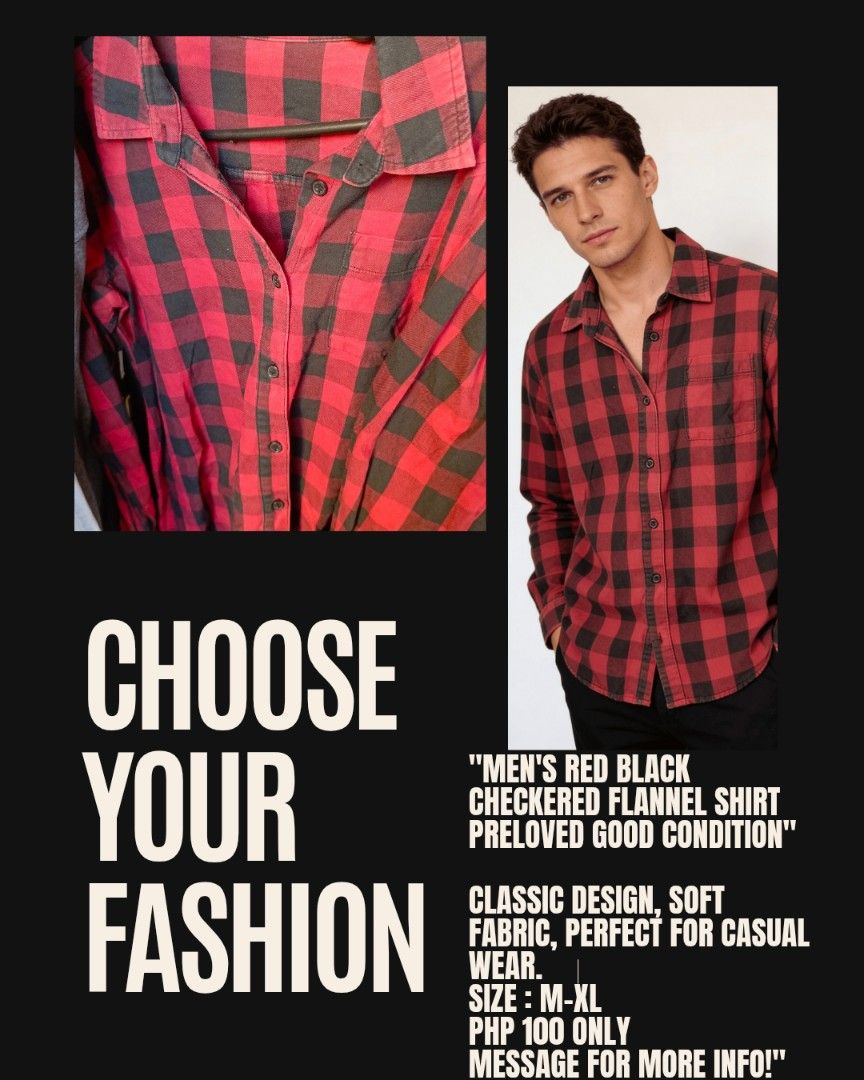 Men's Red Black Checkered Flannel Shirt (Category: Tshirts & Polo Shirts ) located in Manila. Submitted by roselim16 (Listing ID 1459468569, Image 1). Description: - Classic red and black checkered flannel shirt - Soft fabric, perfect for casual wear - Available sizes: Medium to Extra Large (M-XL) - Price: PHP 100 - Message me for inquiries or to purchase!.