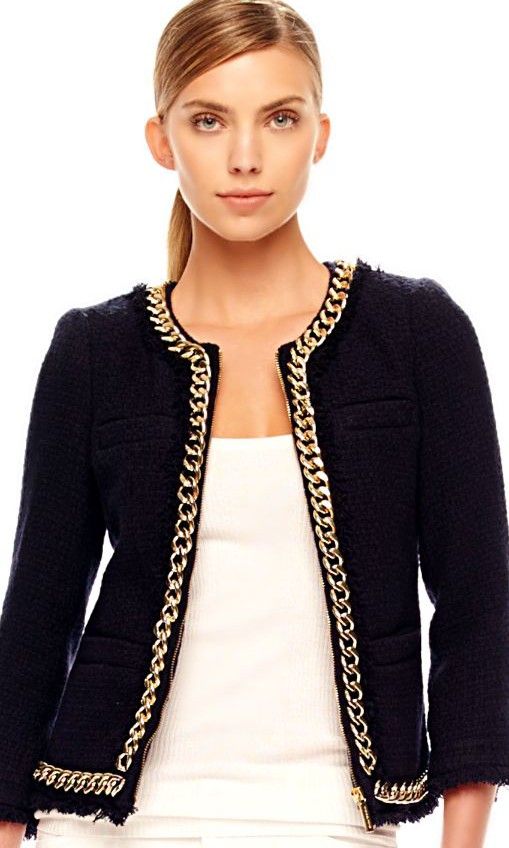 Michelle Black Quilted Chain Trim Jacket (Category: Coats, Jackets and Outerwear) located in Cebu City. Submitted by violacloset (Listing ID 1459359689, Image 3). Description: - Black quilted jacket from Michelle - Elegant gold chain trim along neckline and opening - Flattering cropped length - Stylish 3/4 sleeves Measurements: length: 20 in width: 18 in arm length: 20 1/2 in.