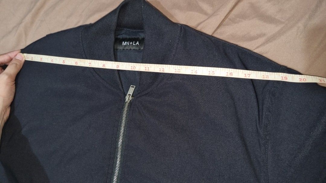 MN+LA Black Bomber Jacket (Category: Coats, Jackets and Outerwear) located in Las Pinas. Submitted by rancorcoleski (Listing ID 1459407360, Image 2). Description: LAID FLAT MEASUREMENTS (inches): Pit to pit: 23 Shoulder width: 19 Body length: 25 Sleeve length: 24 - Like new, fresh from laundry - Used once - Open for offers, let's talk. Terms & Conditions: No refunds, no returns. Make sure this item fits you/is compatible. Payment via BDO or GCASH