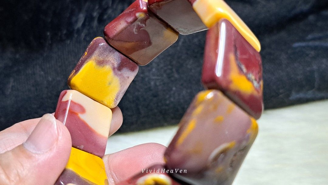 Mookaite Jasper Stretch Bracelet (Category: Bracelets) located in Quezon City. Submitted by crystallinehaven (Listing ID 1459352578, Image 3). Description: - Genuine Mookaite Jasper bracelet - Unique square-cut beads - Rich colors: red, yellow, and cream - Stretchy band for comfortable fit - Adds a vibrant pop of color to any outfit - Natural stone, each piece is unique 💥READ FIRST THANKS💥 "My Collections and I'm Letting go and Releasing it" ♦️