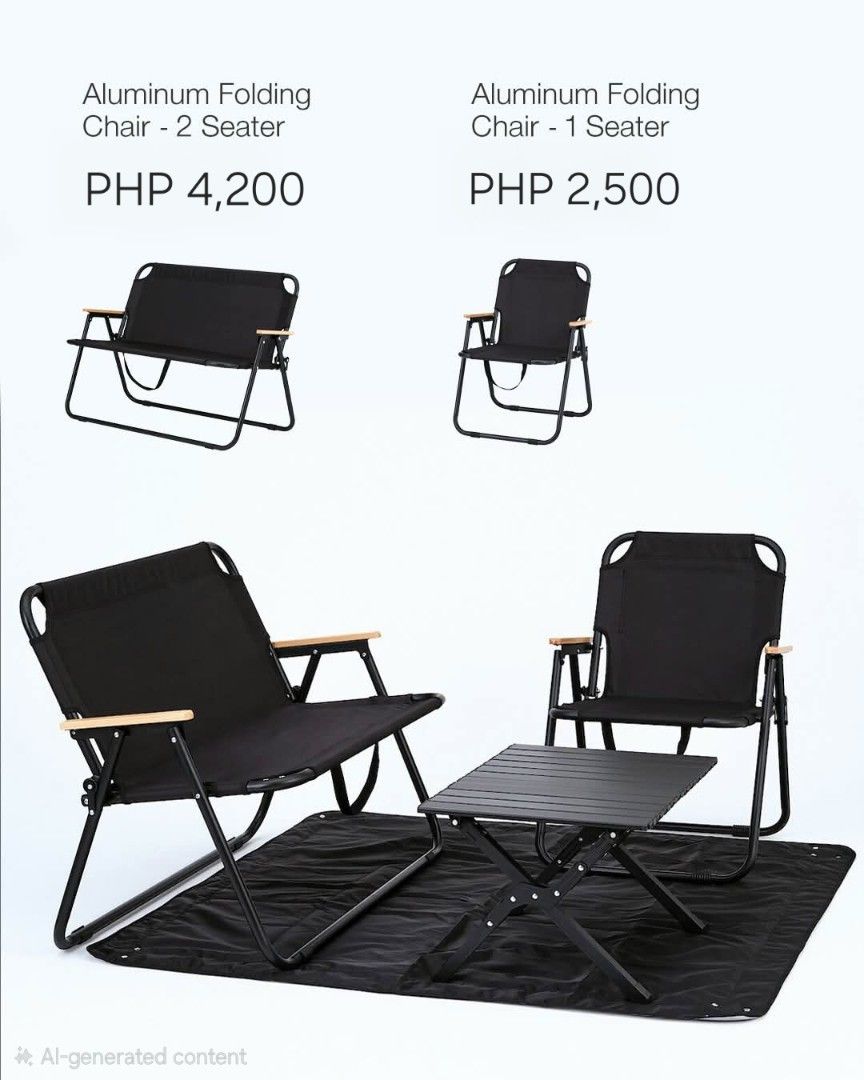 MUJI Aluminum Chair and Table (Category: Outdoor Furniture) located in Mandaluyong City. Submitted by KenP07 (Listing ID 1459294733, Image 1). Description: FOR SALE! BRANDNEW MUJI Original High Quality Aluminum Foldable chair 1 seater - ₽2,500(NOW 2,300) 2 seater - ₽4,200 (NOW 4,000) Aluminum Foldable table - ₽1,800 Please see picture for price and details. Pickup: SMDC LIGHGMALL Boni Mandaluyong City.
