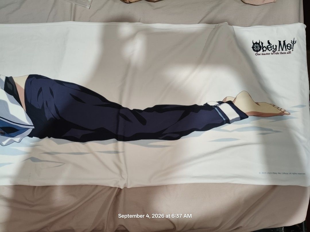Obey Me! Dakimakura Pillow Cover - Asmodeus (Category: Bedding & Towels) located in Marikina City. Submitted by syluswife (Listing ID 1459487840, Image 2). Description: MOVING OUT SALE UNTIL OCT. 2026 ONLY - Obey Me! Solomon Dakimakura Pillow Cover (official/ authentic) - Double-sided print - Size: Approx. 50x150cm - Features a few small marks on the white fabric due to storage (circled in photos). Character art is not damaged - Print is otherwis