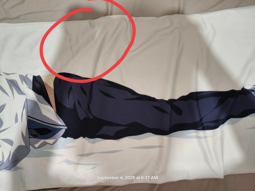 Obey Me! Dakimakura Pillow Cover - Asmodeus (Category: Bedding & Towels) located in Marikina City. Submitted by syluswife (Listing ID 1459487840, Image 3). Description: MOVING OUT SALE UNTIL OCT. 2026 ONLY - Obey Me! Solomon Dakimakura Pillow Cover (official/ authentic) - Double-sided print - Size: Approx. 50x150cm - Features a few small marks on the white fabric due to storage (circled in photos). Character art is not damaged - Print is otherwis
