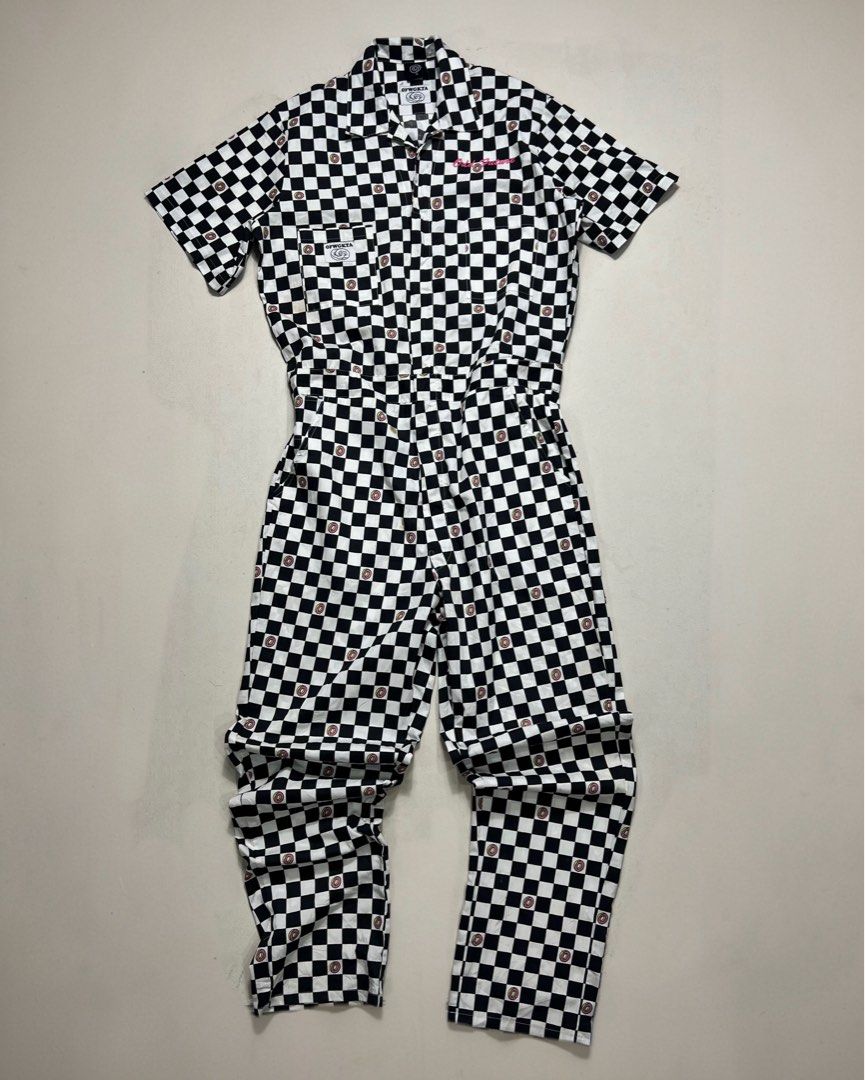 Odd Future Black White Checkered Donut AOP Coveralls (Category: Sets & Coordinates) located in Baguio. Submitted by Vintogi.finds (Listing ID 1459459055, Image 3). Description: Width (armpit to armpit): 23 Length (top of shoulder to leg hole): 66 Leg opening: 8 Small on tag Fits Small to XL Color rate: 9.8/10 Pristine Condition ✨| two dot stains (unnoticeable).