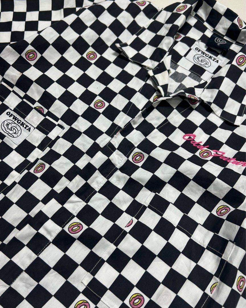 Odd Future Black White Checkered Donut AOP Coveralls (Category: Sets & Coordinates) located in Baguio. Submitted by Vintogi.finds (Listing ID 1459459055, Image 2). Description: Width (armpit to armpit): 23 Length (top of shoulder to leg hole): 66 Leg opening: 8 Small on tag Fits Small to XL Color rate: 9.8/10 Pristine Condition ✨| two dot stains (unnoticeable).