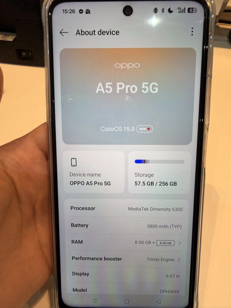 Oppo A5 Pro 5G | with warranty (Category: OPPO) located in Las Pinas. Submitted by pure.sunyy (Listing ID 1459316466, Image 2). Description: - Oppo A5 Pro 5G -warranty until Aug 2027 - 256GB internal storage - 5G connectivity - includes original box -includes unused charger - Bought in SM megamall cyber zone for 16k -device comes with youtube premium for 1 yr and free movies app Open to swap with iphone only 📍Taguig, Fort Bonifacio.
