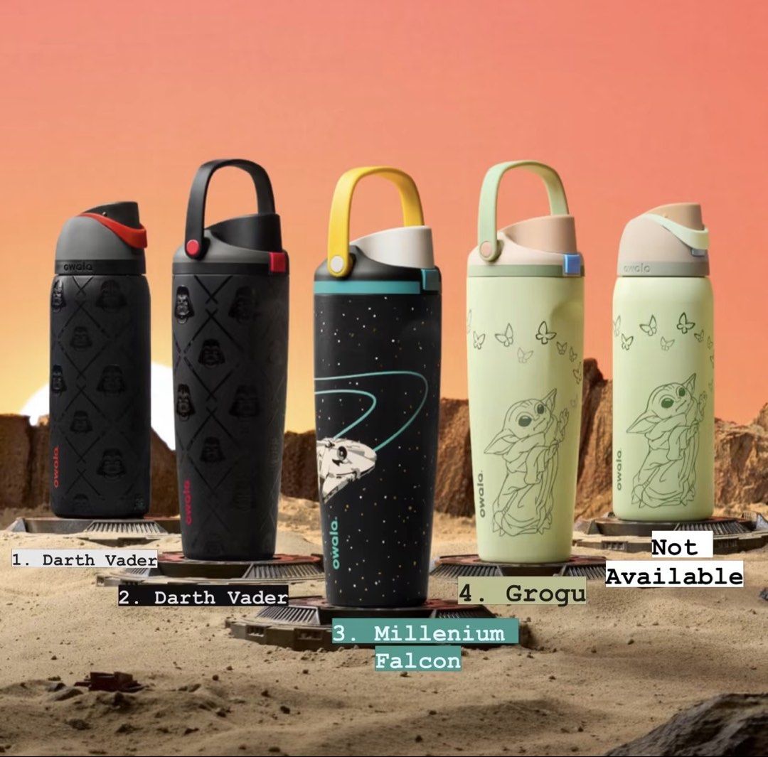 Owala Star Wars Collection Water Bottles (Category: Water Bottles & Tumblers) located in Pasay City. Submitted by toyaveph (Listing ID 1459447562, Image 1). Description: OWALA WATER BOTTLE STAR WARS 🟢 ON-HAND 1. Darth Vader - P3150 🟠 OPEN FOR PRE- ORDER 🟠 2. Darth Vader - P3150 3. Millenium Falcon (GITD) - P3350 4. Grogu - P3050 5. Grogu - P3050 ETA: 2-4 weeks IMPORTANT NOTES: * price posted above may change without prior notice * shipping fre