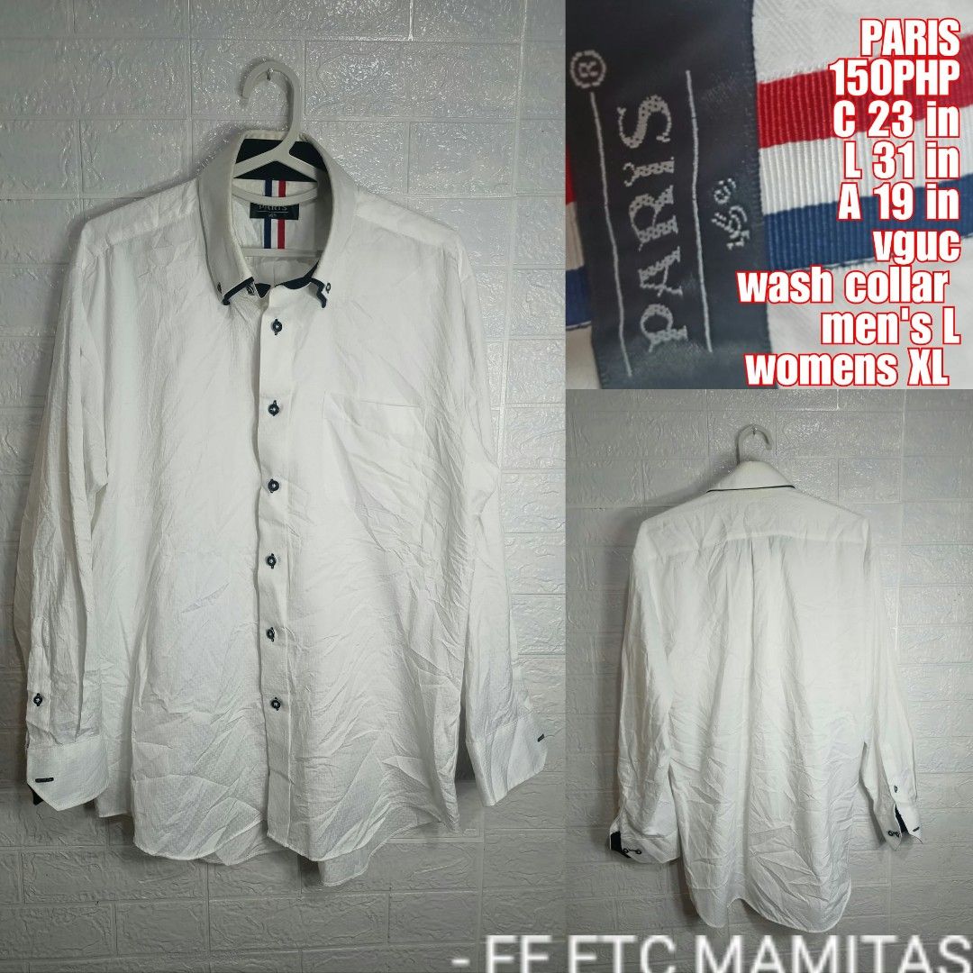Paris white polo shirt Longsleeve (Category: Formal Shirts) located in Santa Maria. Submitted by usbrands1987 (Listing ID 1459375843, Image 1). Description: Wash collar Men's L Women's XL.